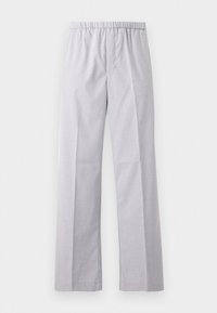 Helle graue, weit geschnittene Hose mit elastischem Bund, aus einem glatten, gewebten Stoff. Mit ordentlich gebügelten Falten an der Vorderseite.