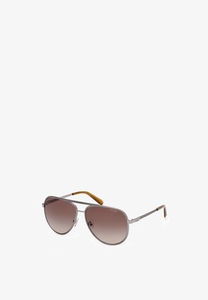Occhiali da sole aviator in metallo grigio con lenti gradientate marrone scuro e un accento dorato sulla tempia. Presentano un profilo slim e un design a doppio ponte.