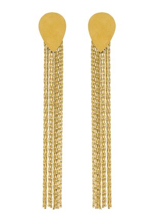Złote kolczyki w kształcie kropli łzy z długimi, wieloma złotymi łańcuszkami wiszącymi poniżej, tworzące symetryczną parę.