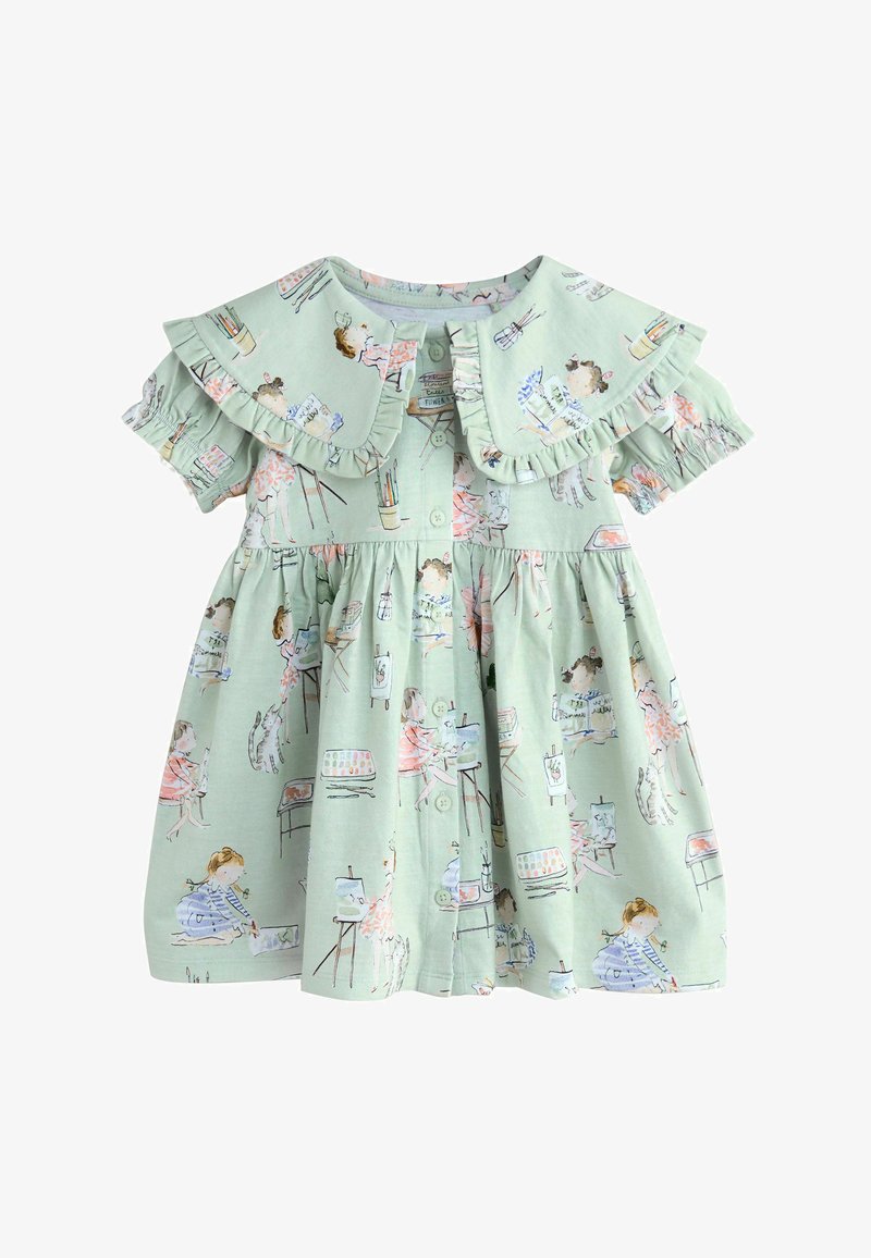 Hellgrünes Kinderkleid mit Rüschenkragen und -ärmeln, verziert mit Illustrationen von Kindern, die malen und zeichnen.