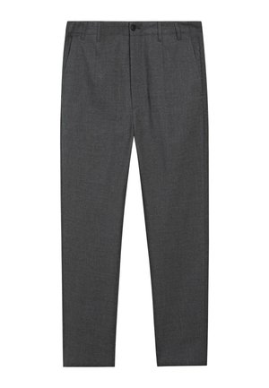 Dark gray formal trousers with front button and zip closure, side pockets, belt loops, and straight leg fit.