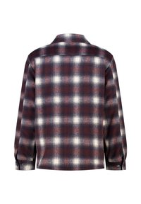 Flanellipaita, takanäkymä; tumman burgundin, valkoisen ja laivastonsinisen ruudullinen kuvio. Rentoa mallia, jossa on napitettu hihansuu ja kaulus.