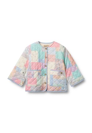 Vattert button-up jakke med patchwork-mønster i pastellfarger, to lommer foran, lange ermer og rund hals.
