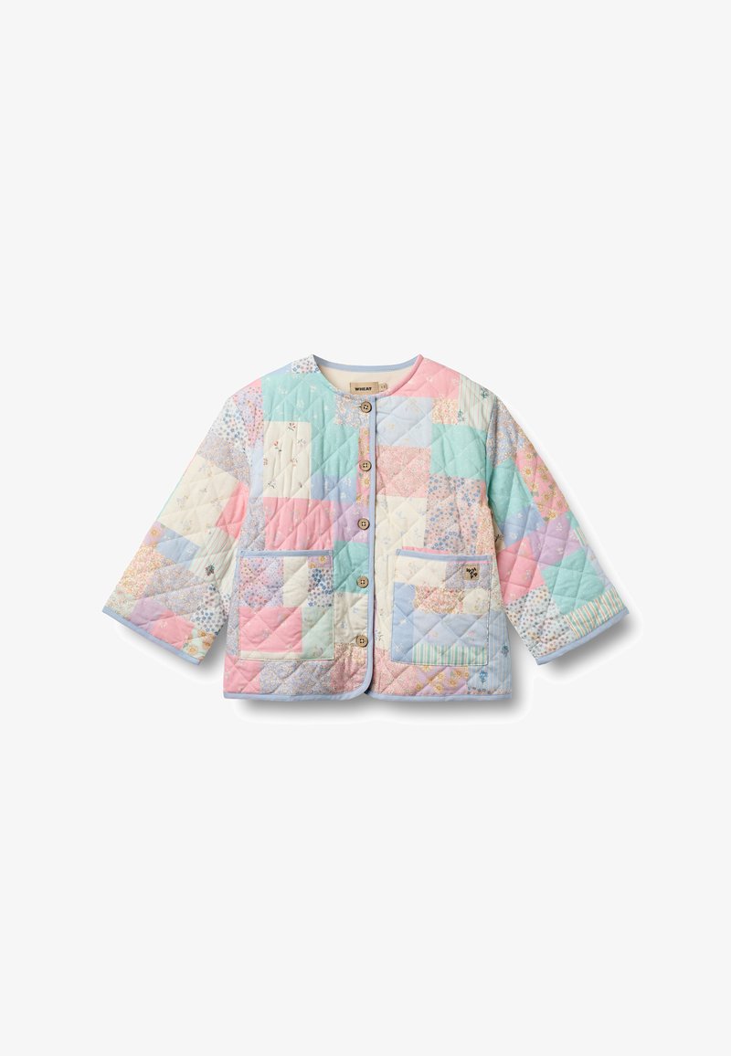 Veste matelassée à boutons avec motif patchwork dans des tons pastel, deux poches avant, manches longues et encolure ronde.