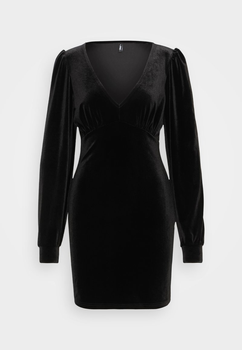Abito in velluto nero con scollatura a V, maniche lunghe a sbuffo e silhouette aderente. Texture liscia con dettagli arricciati sul décolleté e sui polsini.