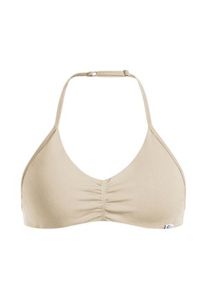 Beige bikini top med trekantet form, samlet centerdetalje og justerbare nakkebånd og rygstraps. Blød tekstur og minimal branding.