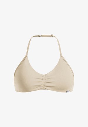 Beige bikini bovenstuk met een driehoekige vorm, gathered middel detail en verstelbare hals- en rugbandjes. Zachte textuur en minimale branding.