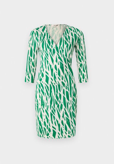 Green and white wrap dress featuring a V-neck, three-quarter sleeves, and a bold, branched pattern on a smooth fabric.