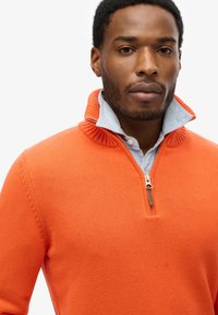 Oranger Strickpullover mit einem Viertel-Reißverschluss-Kragen. Verfügt über einen gerippten Hals- und Manschettenbereich, der über einem hellblauen Kragenhemd getragen wird.