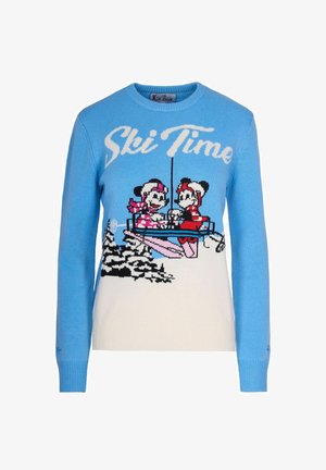 Maglione lavorato a maglia blu con la scritta "Ski Time", design di un personaggio cartoon con due topolini su una seggiovia, con accenti di montagna bianchi e neri.