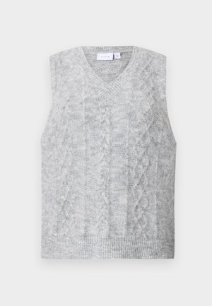 Γκρι αμάνικο sweater με V-λαιμόκοψη, διαθέτει σχέδιο με καλώδιο. Μαλακή υφή και ριμπ τελείωμα. Μινιμαλιστικός σχεδιασμός χωρίς διακοσμήσεις.
