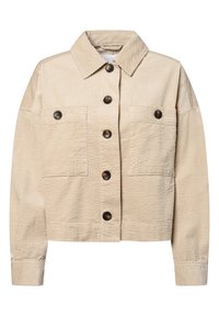 Beżowa kurtka z kordury z kołnierzykiem, pięcioma guzikami z przodu i dwiema kieszeniami z przodu. Posiada prążkowaną teksturę i lekko skrócone rękawy.