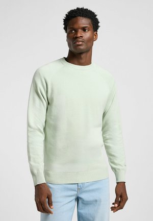 Hellgrüner gestrickter Pullover mit geripptem Saum und Bündchen, mit Rundhalsausschnitt und Raglanärmeln. Kombiniert mit hellblauen Jeans.