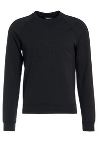 Black sweatshirt with long raglan sleeves, crew neckline, and embossed "Armani Jeans" logo on the front. Made of soft, textured fabric.