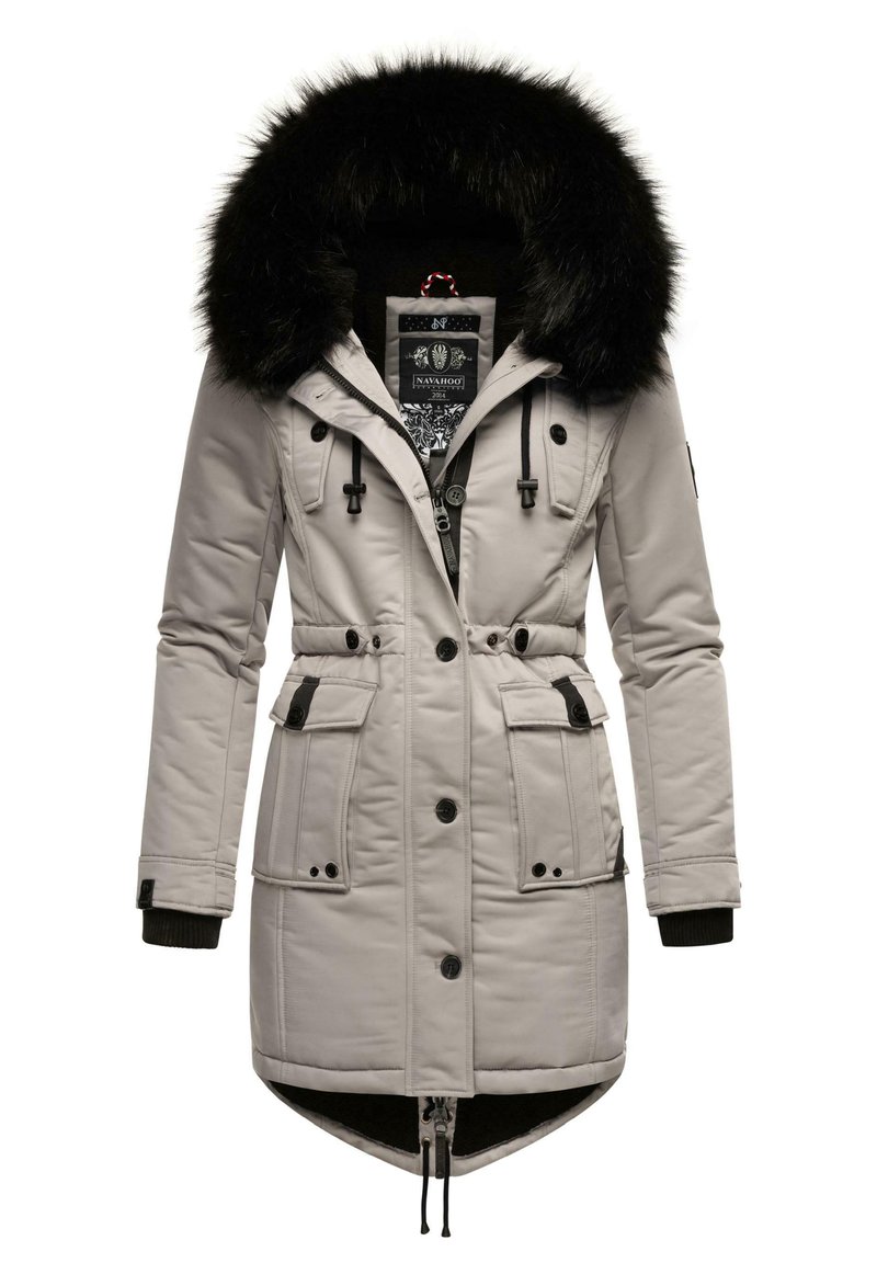 Light grey parka jacket featuring a black faux fur hood, two front pockets, adjustable waist, and a zippered hem for warmth and comfort.