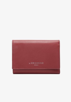 Red leather wallet with a textured finish, featuring a folded design and silver embossed brand logo on the front. Compact and rectangular shape.
