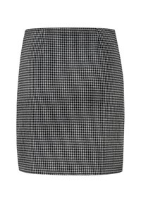 Minihame houndstooth-kuvioinnilla mustana ja valkoisena, jossa on sileä pinta, kiinteä muotoilu ja siistit linjat ilman näkyviä kiinnityksiä.