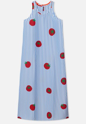 Robe sans manches à rayures bleues et blanches avec des imprimés de tomates rouges, dotée d'un col rond et d'un accent orange sur l'encolure.