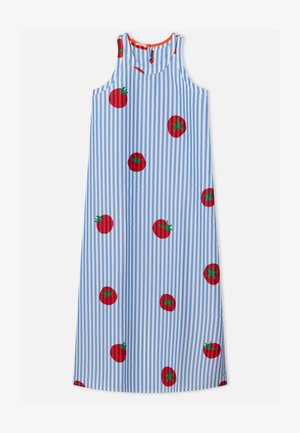 Robe sans manches à rayures bleues et blanches avec des imprimés de tomates rouges, dotée d'un col rond et d'un accent orange sur l'encolure.