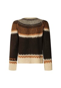 Pull en tricot de couleur brun foncé, crème et rouille. Présente un empiècement à motifs avec des designs en zigzag et des manches longues. Le texte sur la manche indique "VANS."
