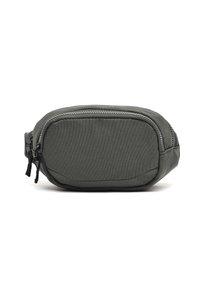 Pilkas audinio fanny pack'as su lygia tekstūra, užtraukiamais skyreliais, apvalia forma ir minimalistišku dizainu. Pridedamas reguliuojamas diržas.
