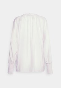 Top branco de mangas longas com decote franzido, punhos com elástico e um corte solto. Tecido suave com uma textura lisa. Vista traseira exibida.