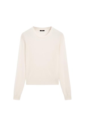 Light beige, knit sweater with long sleeves, round neckline, and ribbed hem. Soft texture, minimalistic design, no visible patterns or accents.
