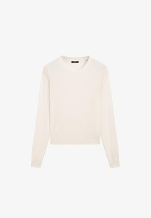 Lichtbeige, gebreide trui met lange mouwen, ronde halslijn en geribbelde zoom. Zachte textuur, minimalistisch ontwerp, geen zichtbare patronen of accenten.