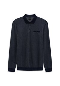 Marineblaue Langarm-Polohemd mit strukturiertem Muster, dreiknöpfiger Knopfleiste und einer Brusttasche. Rippenkragen und Saumakzente.