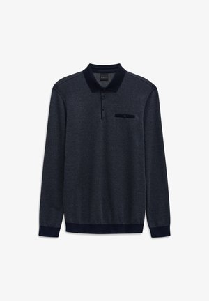 Marineblaue Langarm-Polohemd mit strukturiertem Muster, dreiknöpfiger Knopfleiste und einer Brusttasche. Rippenkragen und Saumakzente.