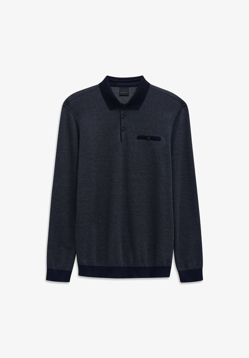 Marineblaue Langarm-Polohemd mit strukturiertem Muster, dreiknöpfiger Knopfleiste und einer Brusttasche. Rippenkragen und Saumakzente.