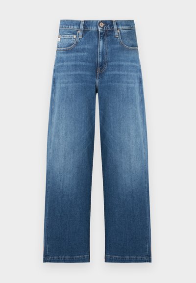 Mörkblå vida jeans i denim med en blekt finish, femficksdesign och knappstängning vid midjan.