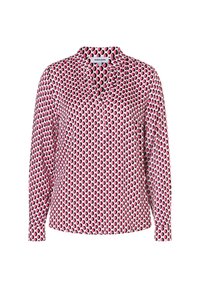 Langärmlige Bluse mit rosanem, schwarzem und weißem kreisförmigem Muster, V-Ausschnitt und mit Manschetten versehenen Ärmeln, Vorderansicht vor weißem Hintergrund.