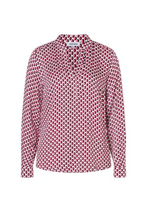 Langärmlige Bluse mit rosanem, schwarzem und weißem kreisförmigem Muster, V-Ausschnitt und mit Manschetten versehenen Ärmeln, Vorderansicht vor weißem Hintergrund.