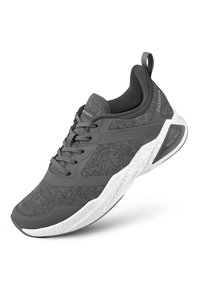 Grauer Sneaker mit einem strukturierten Mesh-Obermaterial, Gummielementen, gepolstertem Schaft, runden Schnürsenkeln und einer weißen Außensohle mit Logo-Detail.