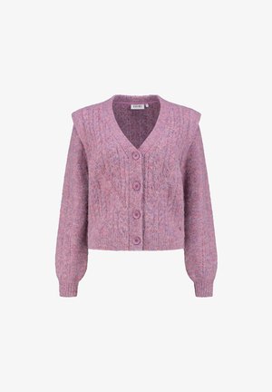Knitted cardigan in shades of pink and purple, featuring a V-neck, cropped length, four buttons, and ribbed cuffs for texture.