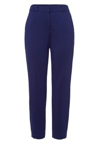 Pantalon bleu marine sur mesure en tissu lisse, avec une taille ajustée, des jambes droites et des poches latérales pour plus de fonctionnalité.