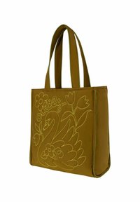 Borsa tote verde oliva con cigno ricamato e design floreali. Caratterizzata da doppi manici, cuciture neon a contrasto e una forma strutturata.