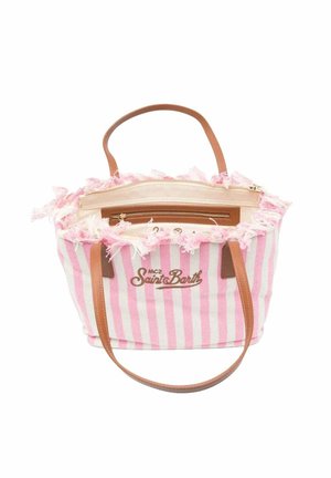 Sac cabas rayé rose et blanc avec poignées marron, bord supérieur effiloché, texte du logo sur le devant et compartiment zippé ouvert sur le dessus.