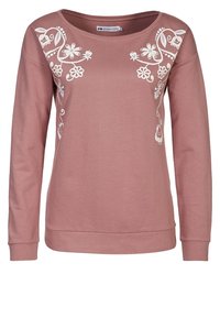 Felpa rosa a maniche lunghe realizzata in tessuto morbido. Presenta un ricamo floreale bianco sul davanti, scollo rotondo e polsini a costine.