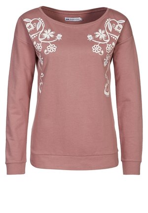 Felpa rosa a maniche lunghe realizzata in tessuto morbido. Presenta un ricamo floreale bianco sul davanti, scollo rotondo e polsini a costine.