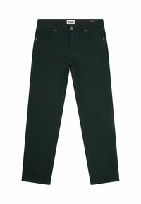 Groene denim broek met een rechte snit, met een vijf-pocket ontwerp, messing hardware en zichtbare stikseldetails.