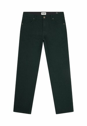 Zielone dżinsowe spodnie o prostym kroju, z pięcioma kieszeniami, mosiężnymi elementami oraz widocznymi detalami przeszycia.