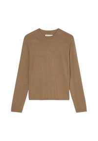 Maglione marrone a maniche lunghe realizzato in tessuto morbido, con scollatura rotonda e vestibilità leggermente ampia. Design minimalista, senza motivi né dettagli.