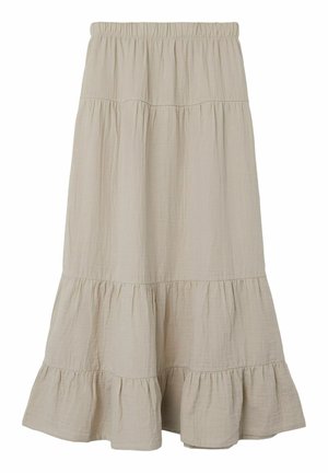 Jupe midi beige à volants avec taille élastique, tissu léger froissé et ourlet à volants pour un look fluide et décontracté.