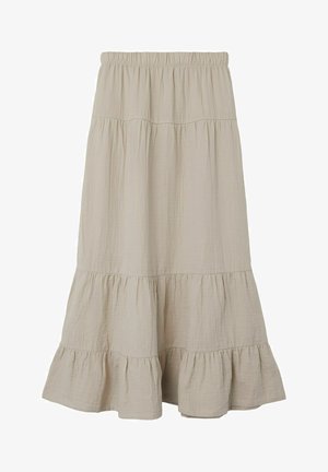 Beżowa rozkloszowana spódnica midi z elastycznym pasem, lekkiego pogniecionego materiału oraz falbaną na dole, zapewniająca zwiewny, codzienny wygląd.