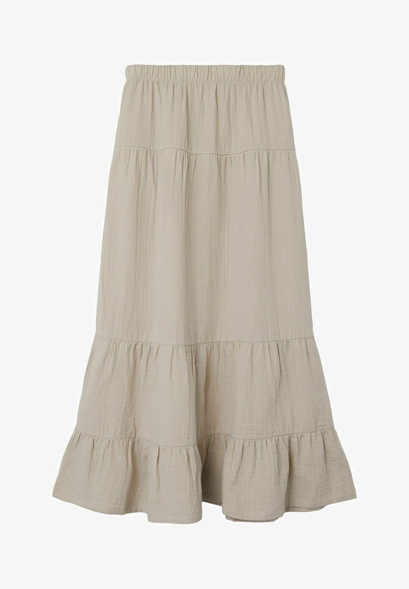 Jupe midi beige à volants avec taille élastique, tissu léger froissé et ourlet à volants pour un look fluide et décontracté.