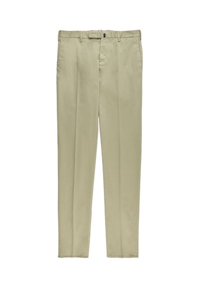 Beige men's straight-leg trousers with belt loops and front pockets, shown flat with crease down the center of each leg.