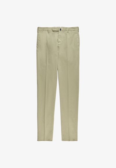 Beige men's straight-leg trousers with belt loops and front pockets, shown flat with crease down the center of each leg.
