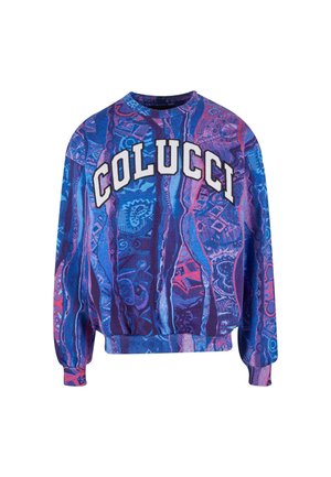 Sweatshirt mit lebendigen blauen und lila abstrakten Mustern und "COLUCCI" in großen weißen Buchstaben über der Brust, mit langen Ärmeln und gerippten Bündchen.